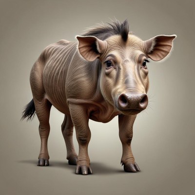 A warthog stands on a light brown background