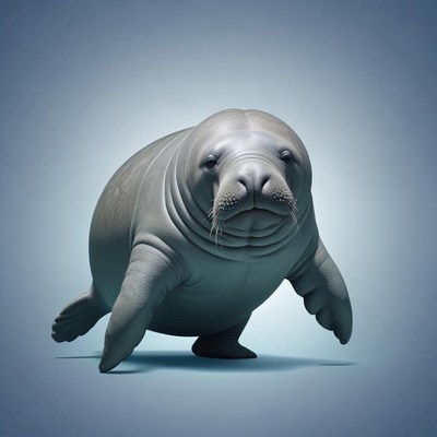 A manatee walks on a blue background