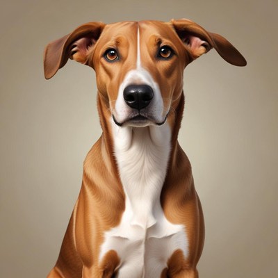 A brown and white dog sits and looks directly at the camera
