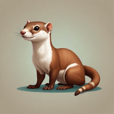 A brown and white weasel sits on a green background