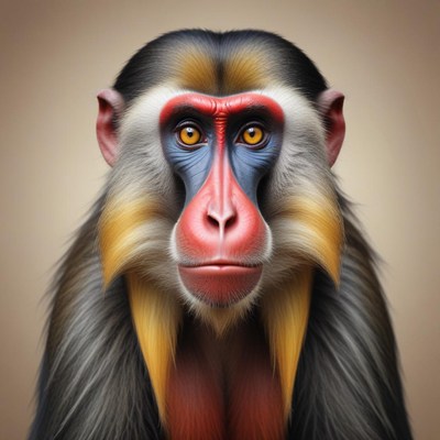 A mandrill stares directly at the camera