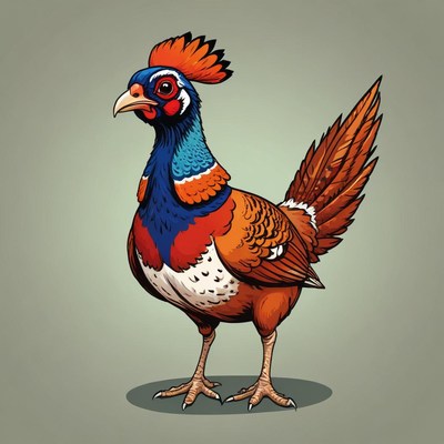 A colorful pheasant stands on a green background