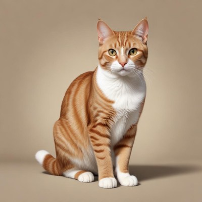 A tabby cat sits in front of a light brown background