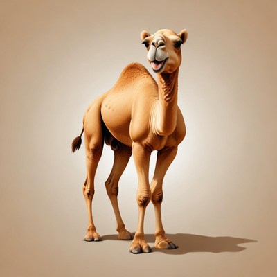 A camel stands on a sandy background
