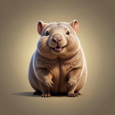 A smiling wombat sits in front of a light brown background