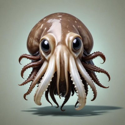 A brown octopus with big eyes stares at the camera