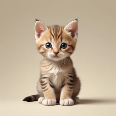 A cute tabby kitten sits on a light brown background