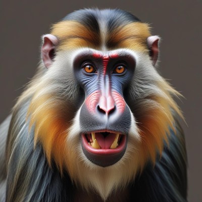 A mandrill stares directly at the camera