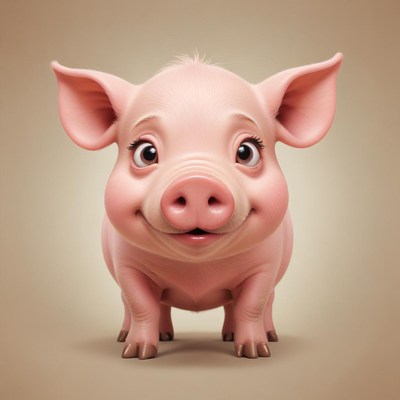 A happy piglet stands in front of a beige background