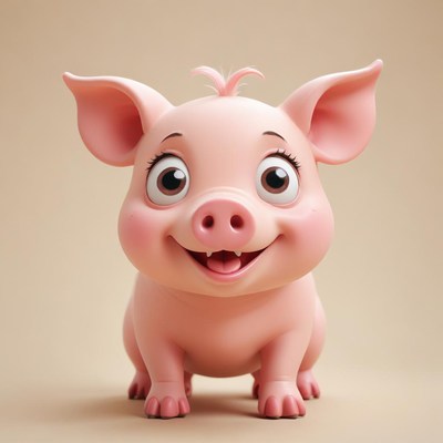 A cute, cartoon pig smiles for the camera
