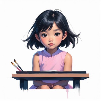 Asian girl painting at desk