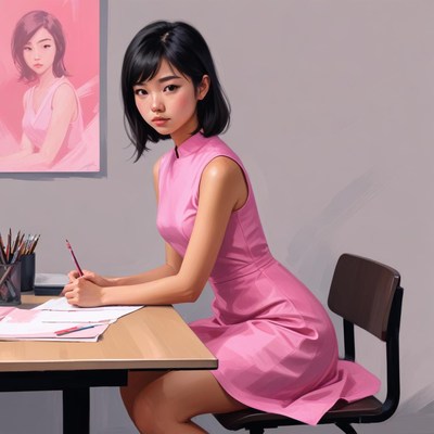 Asian girl writing at desk