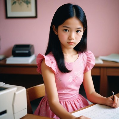 Asian girl writing at desk