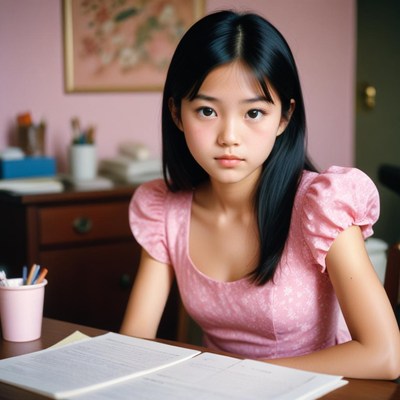 Asian girl studying at desk