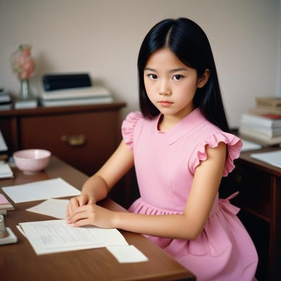 Asian girl at wooden desk