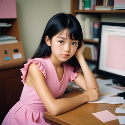 Asian girl at desk with computer