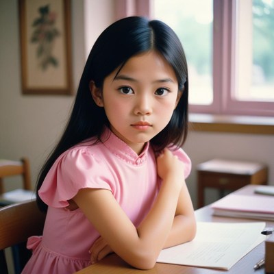 A young girl sits at a desk, looking serious