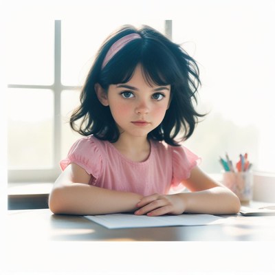 A young girl sits at a desk near a window