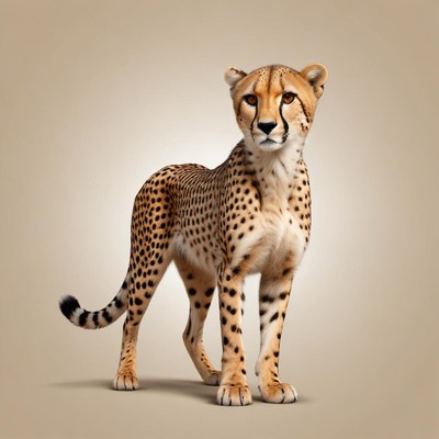 A cheetah stands on a beige background