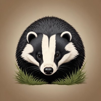 A badger sits in the grass looking at the camera