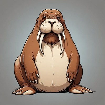 A cartoon walrus sits with its large tusks showing