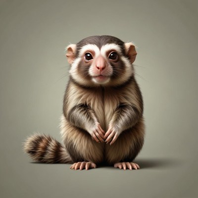 A small, furry monkey sits on a gray background