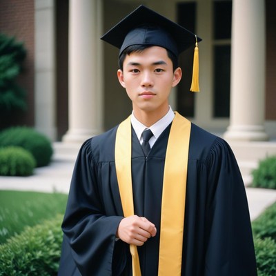 A graduate stands proudly outside a university building