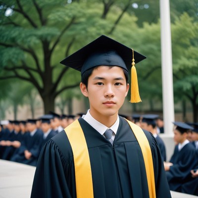 Graduate in cap and gown stands proudly