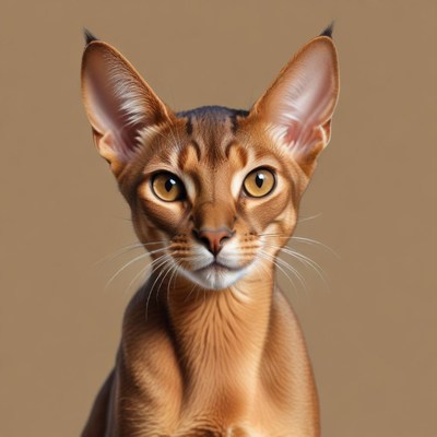 A brown abyssinian cat stares intently at the camera