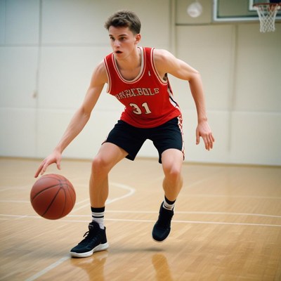 A basketball player dribbles the ball on a court
