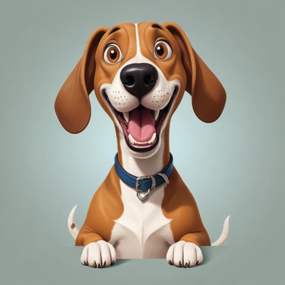 A happy cartoon dog smiles at the camera