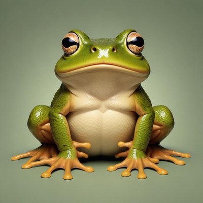 A green frog sits on a green background