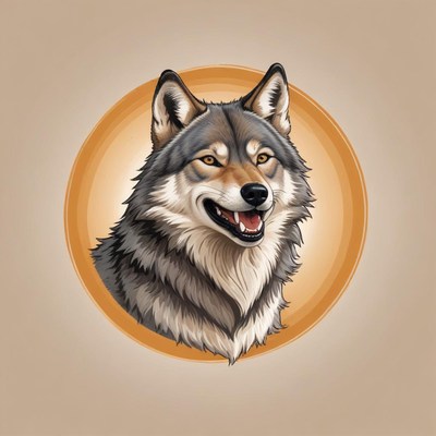 A gray wolf smiles with its teeth showing