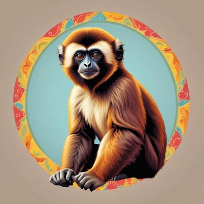 A brown monkey sits in a colorful circle