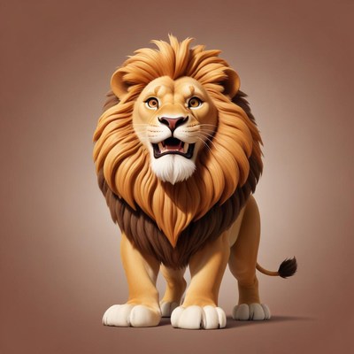 A cartoon lion stands tall against a brown background
