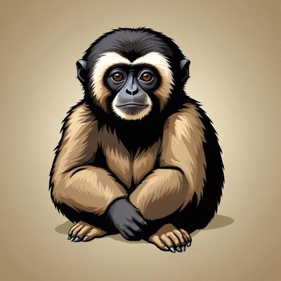 A young gibbon sits with its arms crossed