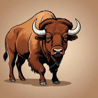 A brown bison stands on a light brown background