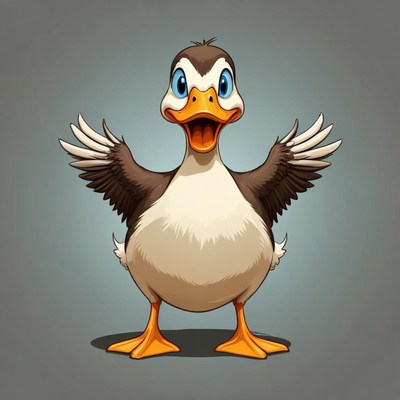 A happy duck with open wings stands on a grey background