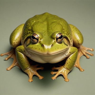 A green frog sits on a light green surface