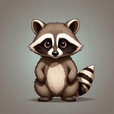 A cute raccoon stands on a gray background