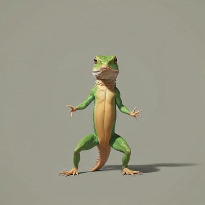 A green lizard stands on its hind legs