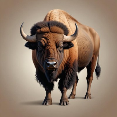 A large brown bison stands facing forward