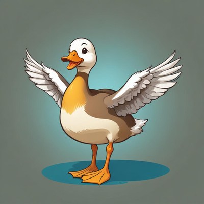 A cartoon duck stands with its wings spread