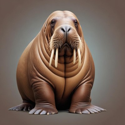 A walrus sits on a gray background
