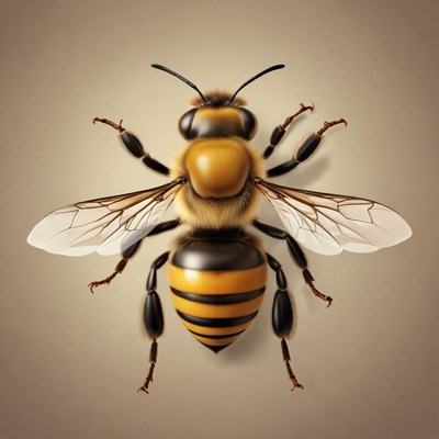 A bee with its wings spread rests on a beige surface