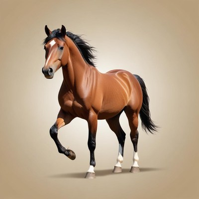 Brown horse with a white stripe gallops ahead