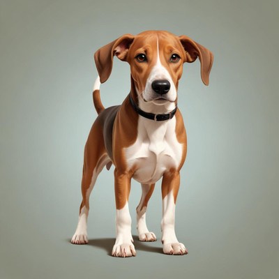 A brown and white dog stands on a light blue background
