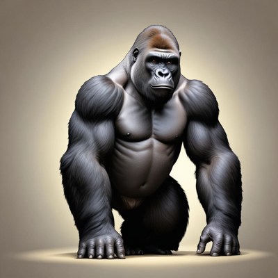 A large gorilla stands in a studio setting