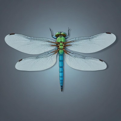A green and blue dragonfly rests against a gray background