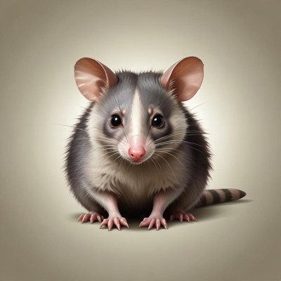 A cute mouse sits with big eyes and a long tail